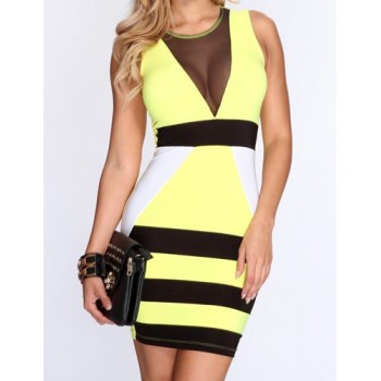 See-Through Design Color Block Sleeveless Round Collar Packet Buttock Dress For Women